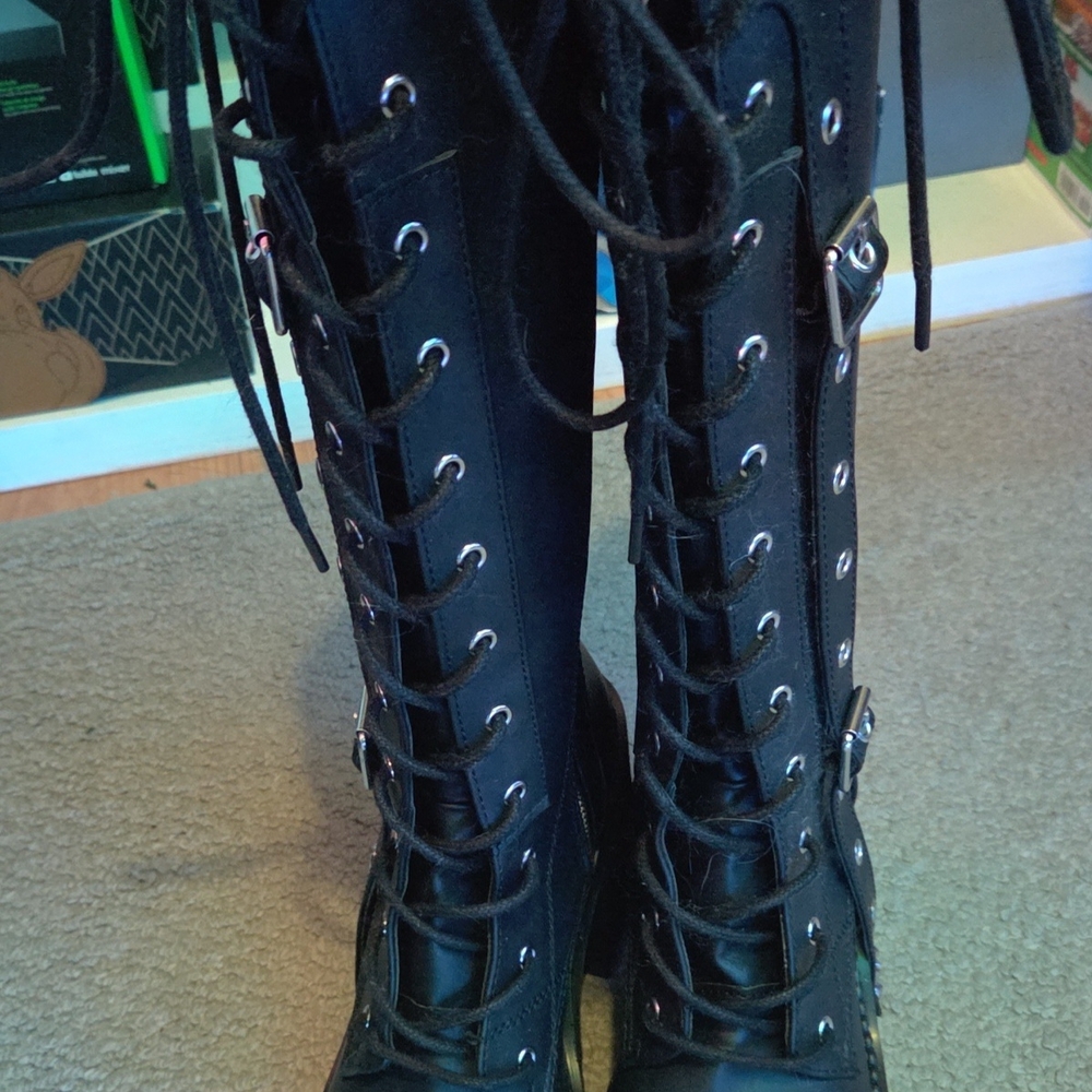 Demonia Black Combat Moto Boots with Buckle Straps - Picture 2 of 2